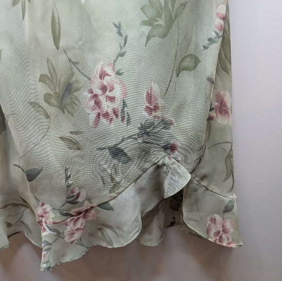 Vintage Positive Attitude Women's Size 12 Green Floral Print Maxi Dress Frill V - Picture 7 of 9